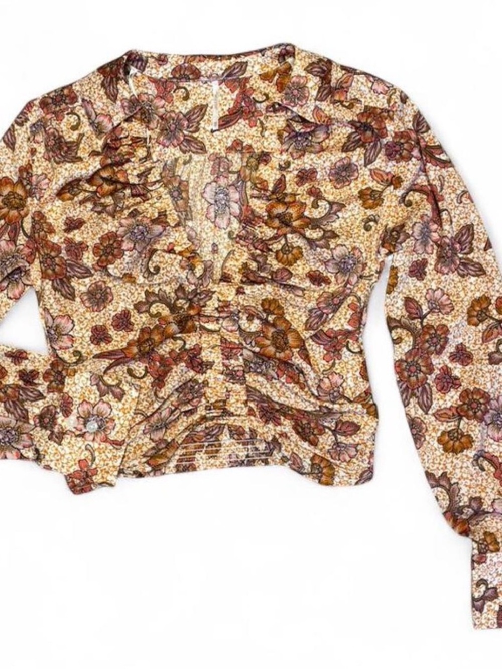 Free People Floral V-Neck Ruched Long Sleeve Blouse - Beige Multi